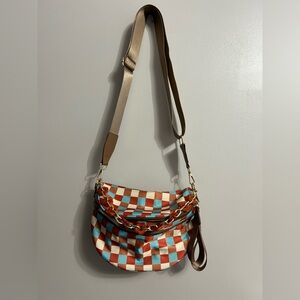 Stylish Checkered Shoulder Bag - Brown and Blue